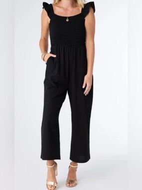 Japna Rayon Black Smocked Wide-Leg Casual Boho Jumpsuit M